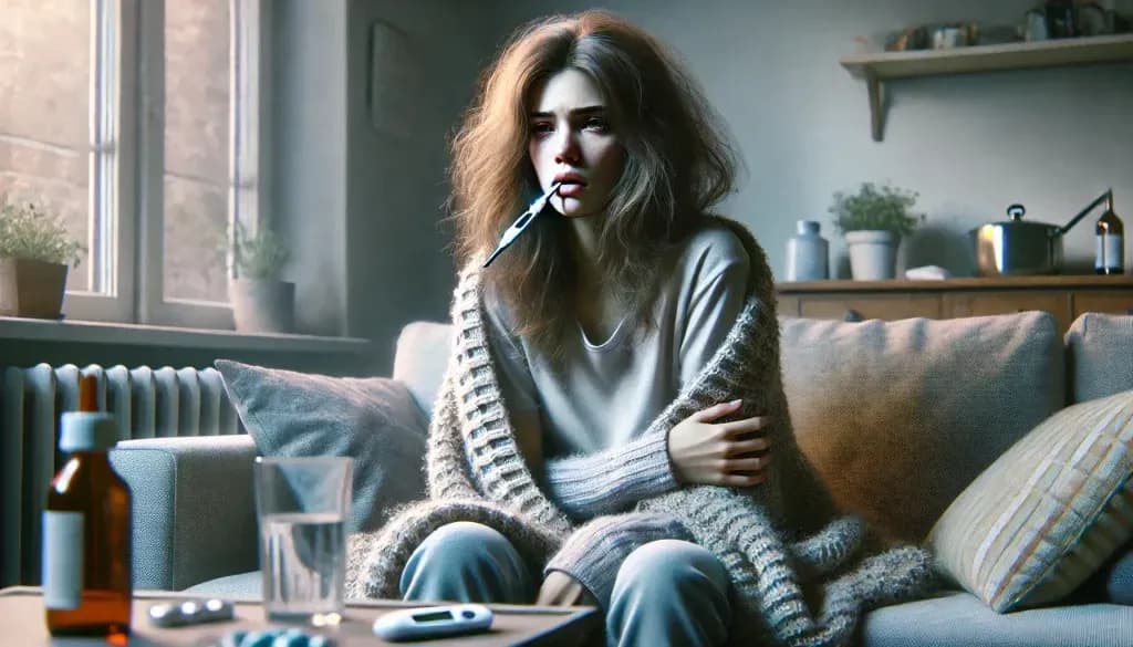 DALL·E-2024-06-29-10.55.17-A-photorealistic-image-of-a-woman-experiencing-chills-and-fever.-The-woman-is-sitting-on-a-sofa-wrapped-in-a-blanket-looking-unwell.-She-has-a-pale-1-1024x585.webp